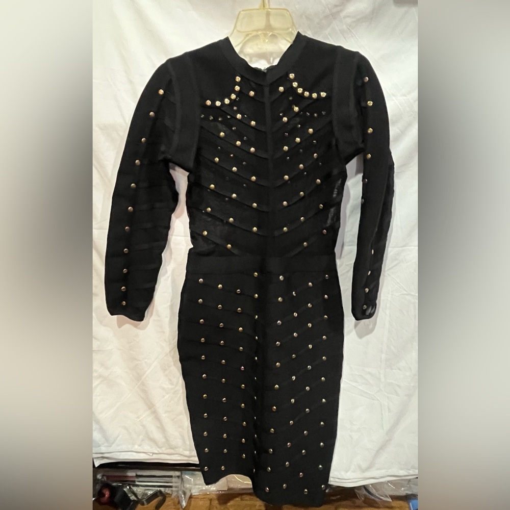 Black Studded Long-Sleeve Mesh Bodycon Dress